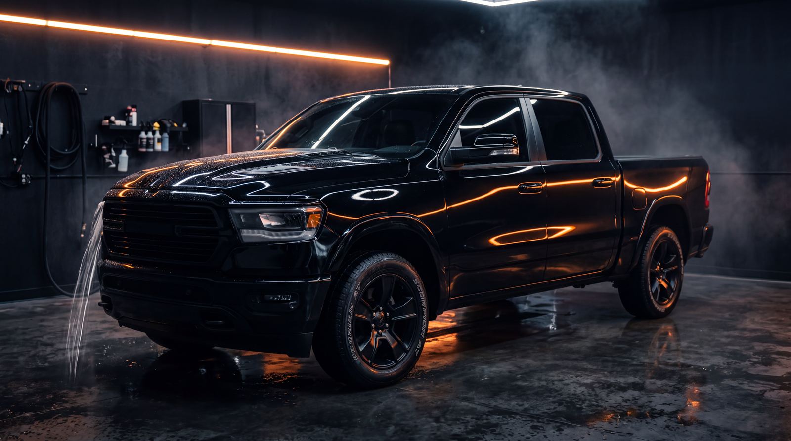 Freshly detailed black pickup truck under warm studio light